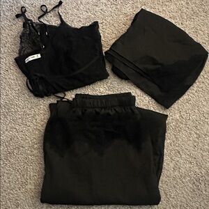 Abercrombie & Fitch Satin Pajama Set Tie-Front Top + Lace Bottoms & Shorts